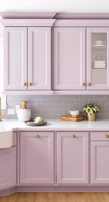 Lavender might not be the first color that comes to mind for kitchen cabinets, but a dusty, muted lavender brings a surprisingly sophisticated touch. It functions as a soft neutral while adding a unique, calming vibe. Pair it with brass hardware, creamy white countertops, and light wood floors to keep the look warm and balanced. This shade is perfect for French country, modern farmhouse, or even minimalist kitchens that need a subtle pop of personality.
