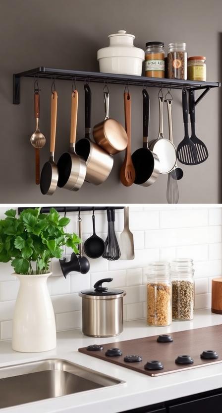 Hang pots, utensils, and even spices on wall-mounted racks. This keeps countertops clear and adds an industrial-chic vibe if done right!