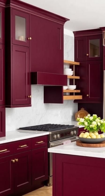 Burgundy is a bold yet sophisticated color that exudes warmth and luxury. If you love the idea of dark cabinets but want something different from navy or black, this deep wine-inspired hue is a showstopper. It pairs beautifully with gold hardware, marble countertops, and warm wood shelving. For a modern twist, opt for a matte finish to create a soft, velvety effect.
