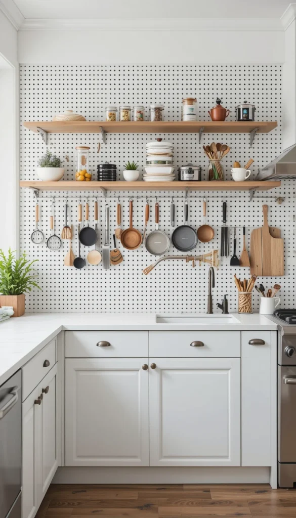 Instead of cramming utensils, pans, and accessories into drawers, try a pegboard wall. This simple, cost-effective solution keeps everything visible and within reach. Plus, it’s endlessly customizable—you can rearrange hooks and shelves as your storage needs change.