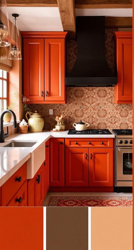 For those who love warm, earthy tones, burnt orange is a vibrant yet natural-looking choice. Inspired by terracotta and autumn leaves, this color adds warmth without feeling overwhelming. It works beautifully in bohemian, Mediterranean, or southwestern-style kitchens, especially when paired with textured tiles, natural wood, and matte black fixtures.