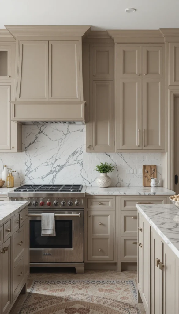 If you want a neutral that isn’t stark white or gray, warm taupe is the answer. This sophisticated shade sits between beige and gray, making it incredibly versatile. It works well with both modern and traditional kitchen styles, adding a soft warmth that feels cozy yet refined. Pair taupe cabinets with marble countertops, warm brass fixtures, and textured backsplashes to enhance the inviting feel of the space.
