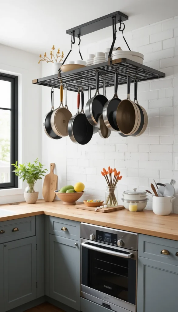 If you don’t have room for bulky lower storage, a ceiling-mounted pot rack can keep your cookware accessible and add a rustic or industrial vibe.
