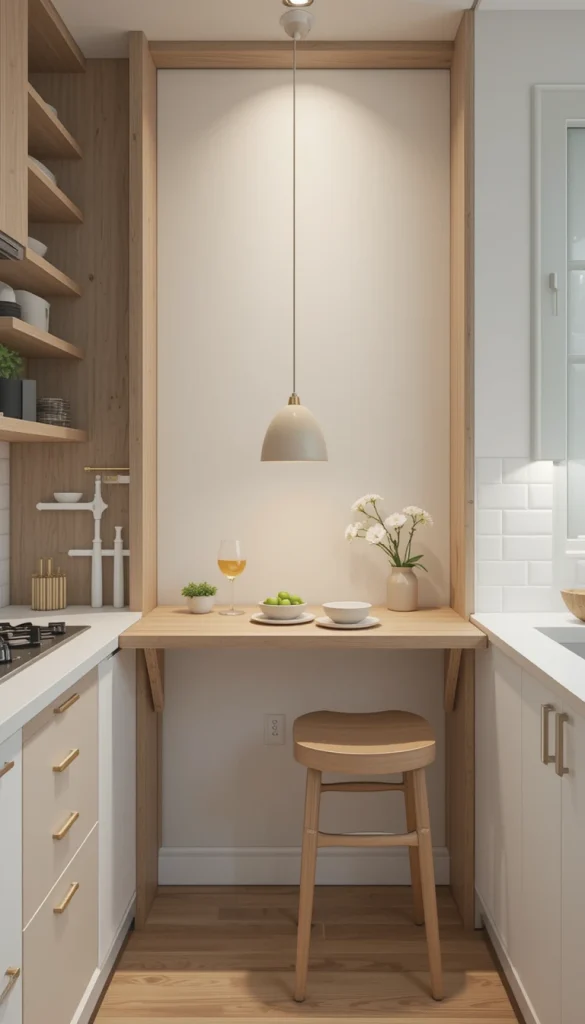 A built-in breakfast bar attached to a wall or counter creates a casual dining area without needing a full table. If space is extremely tight, consider a fold-down version that can be tucked away when not in use.
