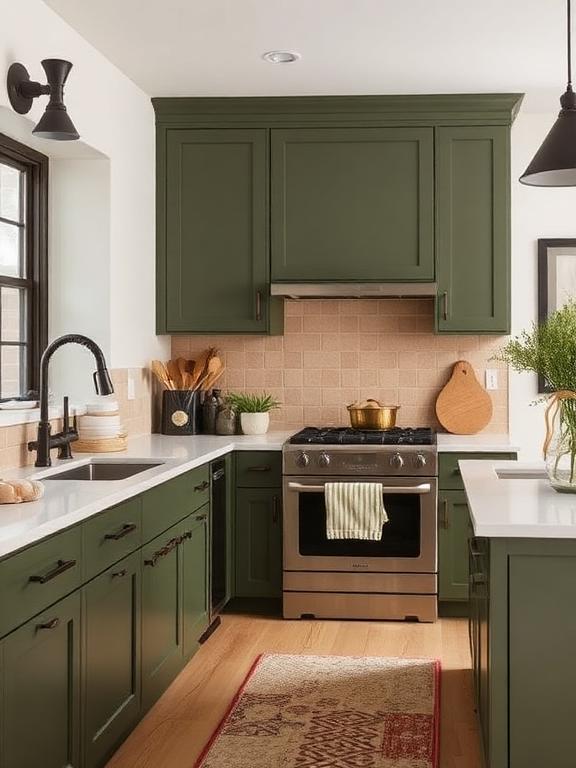Olive green is a timeless yet fresh alternative to the typical dark kitchen cabinets. Unlike brighter greens, dark olive feels grounding and neutral, making it ideal for rustic, Mediterranean, or industrial kitchens. Pair it with warm wood, black metal fixtures, and creamy white accents for a modern, nature-inspired aesthetic.
