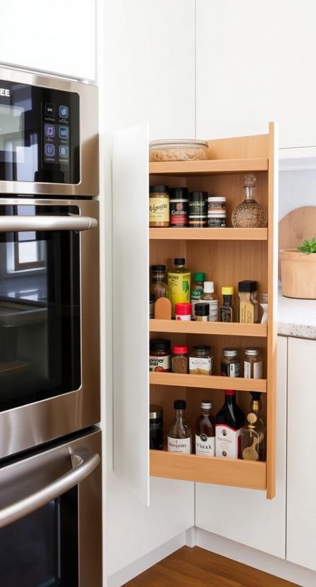 A slim pull-out cabinet next to the stove is the perfect place to store spices, cooking oils, and baking essentials. It makes use of tiny gaps that would otherwise be wasted.