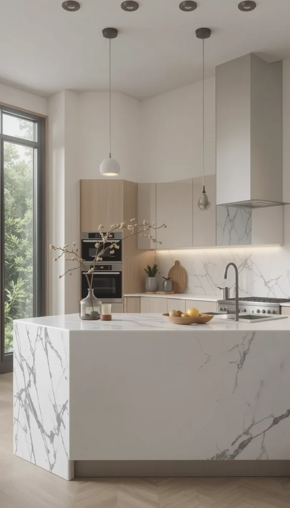 A waterfall countertop—where the material extends down the sides of an island or cabinet—adds a sleek, high-end feel to a small kitchen. While it won’t add storage, it creates a polished, cohesive look that can make a compact space feel more luxurious.
