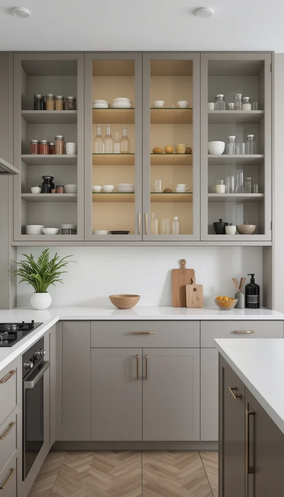 A compromise between open shelving and closed cabinets, glass doors give the illusion of depth while keeping everything neat and organized.
