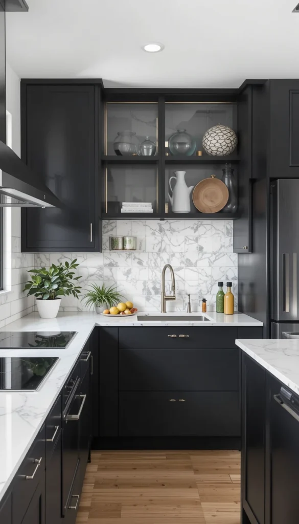 Small kitchens can quickly feel busy, so opt for sleek, modern cabinet pulls or push-to-open hardware to keep things looking seamless.