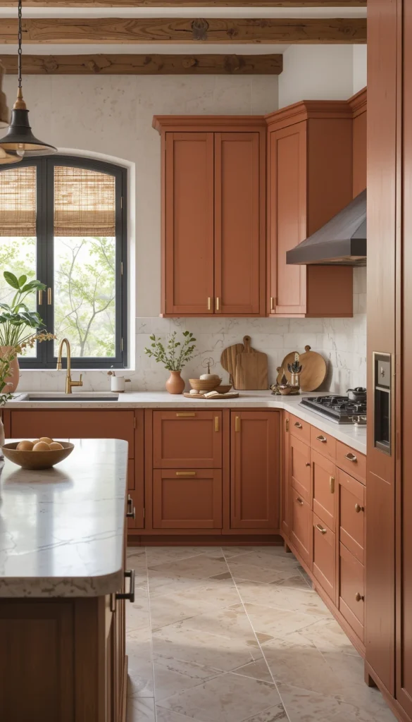 If you want to bring warmth and personality to your kitchen, consider muted terracotta. This earthy, clay-inspired hue pairs beautifully with natural materials like wood, rattan, and stone, creating a cozy, Mediterranean-inspired aesthetic. It’s a great way to introduce color while still maintaining a neutral, grounded feel. To modernize this shade, pair it with matte black or brass fixtures and a light-colored backsplash.
