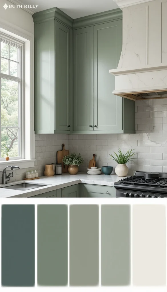 Sage green has been gaining popularity in home design, and in 2025, it’s taking over kitchens. This soft, muted green adds an organic feel that works well in both modern and farmhouse-style kitchens. Unlike darker greens, sage brings a light and airy quality that makes it perfect for small kitchens or spaces with minimal natural light. Pair it with matte black or antique brass hardware for a balanced look that feels both fresh and timeless.
