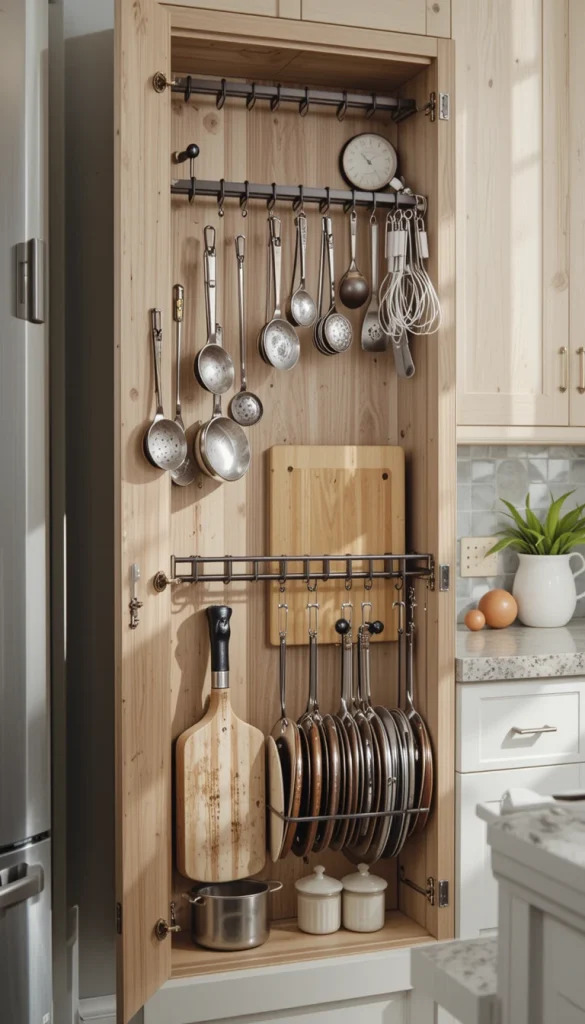 The inside of cabinet doors is an often-overlooked storage opportunity. Install hooks for measuring spoons, spice racks, or even slim holders for cutting boards and pot lids to make use of every available inch.