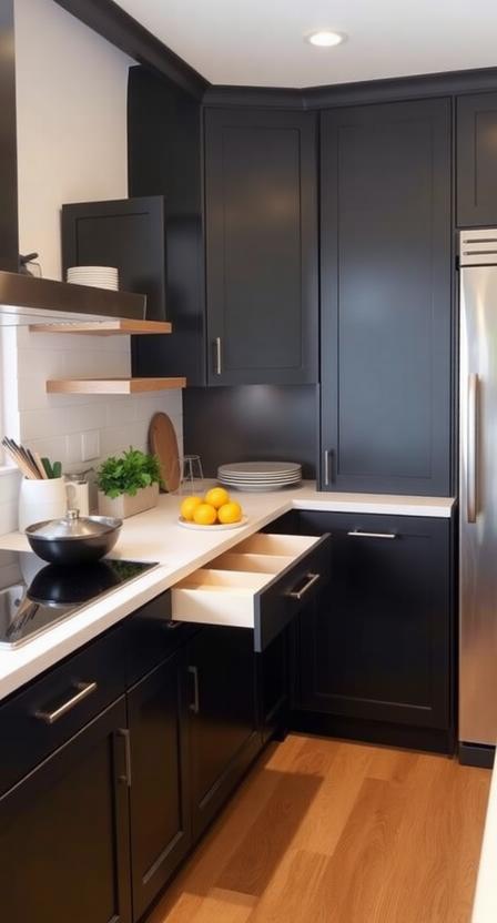 Corner cabinets are notorious for being awkward, but with the right design, they can be highly functional. Lazy Susans, pull-out trays, or diagonal drawers can make hard-to-reach spaces far more accessible.
