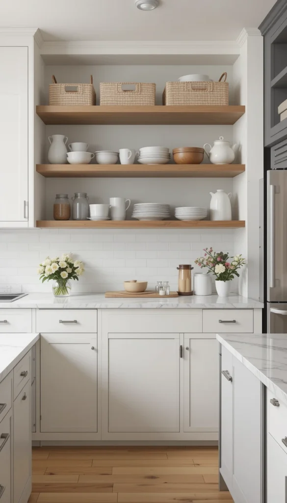 Ditching bulky upper cabinets in favor of open shelves creates an airy, spacious look. It also allows you to showcase beautiful dishware and decorative pieces. Keep shelves neatly organized with matching storage containers or baskets to prevent visual clutter.
