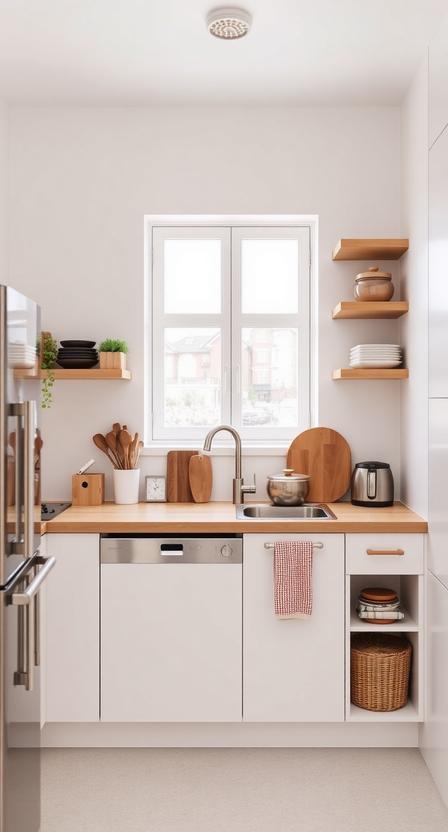If you’re working with an extremely small space, a single-wall kitchen layout keeps everything along one side, freeing up the rest of the area for living or dining. To prevent it from feeling cramped, use open shelving and bright colors.
