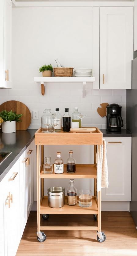 A rolling cart can be a lifesaver in a small kitchen, adding storage and prep space exactly where you need it. When not in use, it can be tucked into a corner or even repurposed as a coffee or bar station. If you love entertaining but don’t have the counter space for a dedicated drinks area, a stylish cart on wheels could be the perfect solution.
