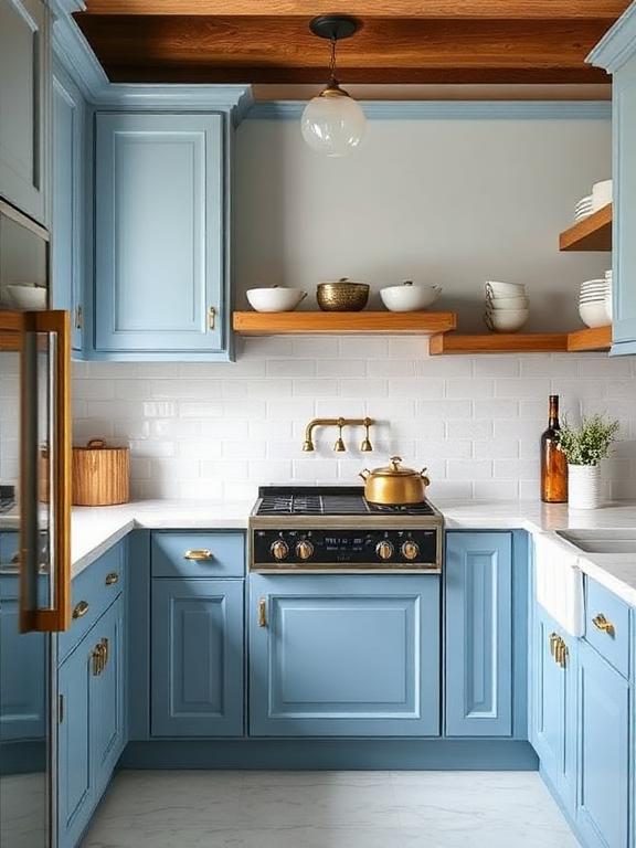 A softer alternative to navy, French blue is a powdery, slightly faded blue that exudes vintage charm. This color is perfect for European-inspired, farmhouse, or cottage kitchens, adding an air of effortless elegance. It looks stunning with white marble countertops, antique brass fixtures, and open wood shelving.