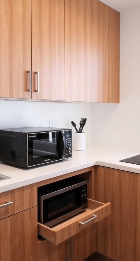 A bulky microwave on the counter takes up valuable space. Consider installing it in a lower cabinet or using a drawer-style microwave to keep it accessible but out of sight.