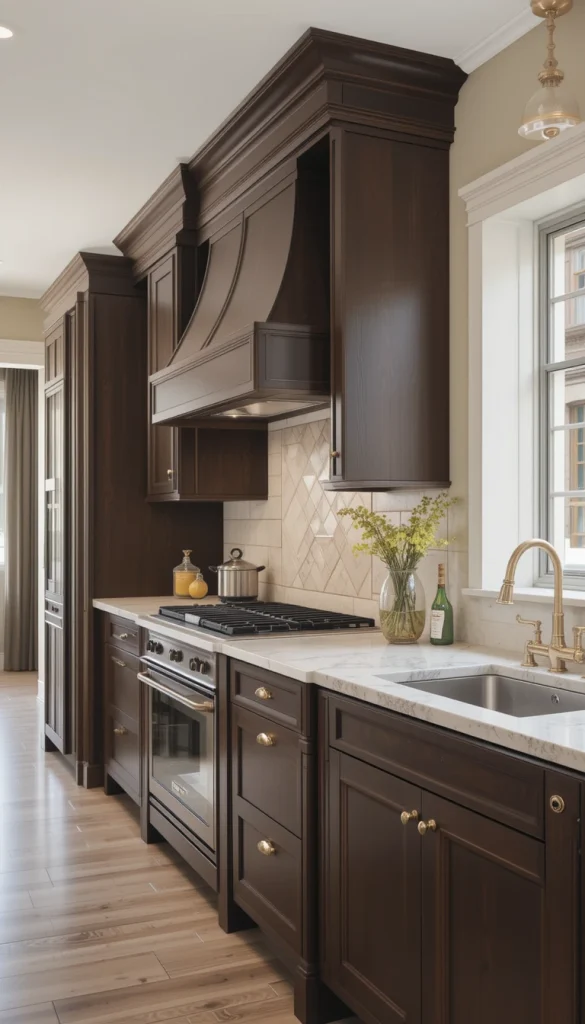 Dark brown cabinets are returning in 2025, especially in warm, espresso tones. This deep, rich hue creates an inviting and cozy kitchen while adding a classic elegance that feels timeless. Pair espresso cabinets with warm metallics, beige walls, and light stone countertops to keep the space from feeling too heavy.
