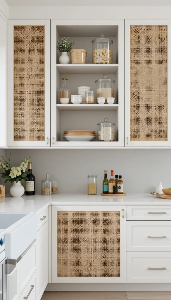 For a unique and airy look, swap out some solid cabinet doors for mesh or cane webbing. This creates a more open feel while still keeping contents hidden.
