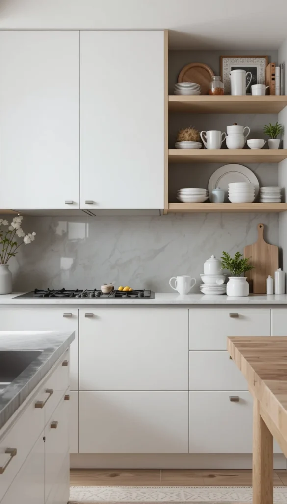 Ditch the upper cabinets and go for open shelves. They make the space feel larger and allow you to display beautiful dishware—but be mindful of dust and clutter!