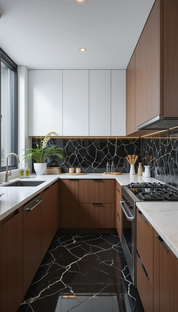 A statement backsplash draws attention and adds depth, making the kitchen feel dynamic rather than cramped.Glossy or mirrored tiles reflect light, creating the illusion of a larger space.