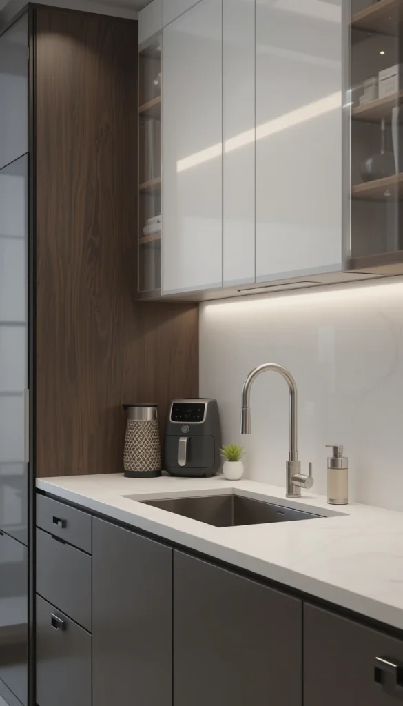 Voice-controlled faucets, smart coffee makers, and compact air fryers can add efficiency without taking up too much space.
