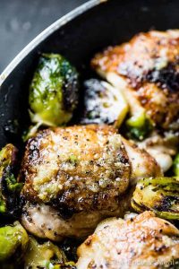 Golden, crispy chicken thighs paired with caramelized Brussels sprouts