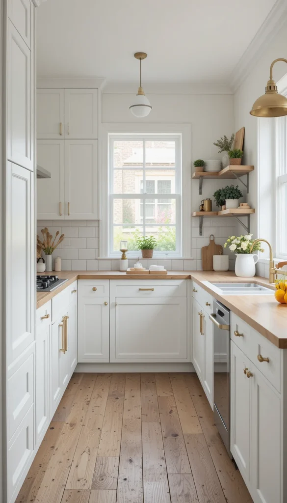 Lighter shades reflect more light, making a small kitchen feel brighter and more open.
White, soft grays, and pastels work best, and you can add warmth with wooden countertops or brass hardware.
