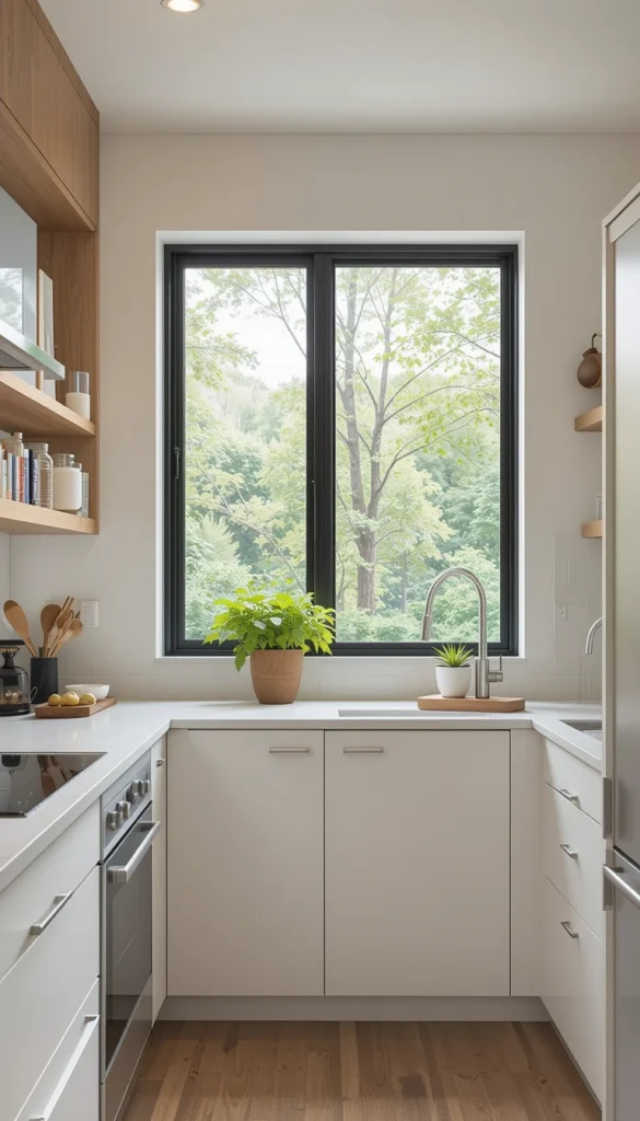 If your small kitchen is enclosed, consider opening it up with a pass-through window to the dining or living area. This adds natural light, improves ventilation, and allows for easy serving, making the space feel larger and more connected.