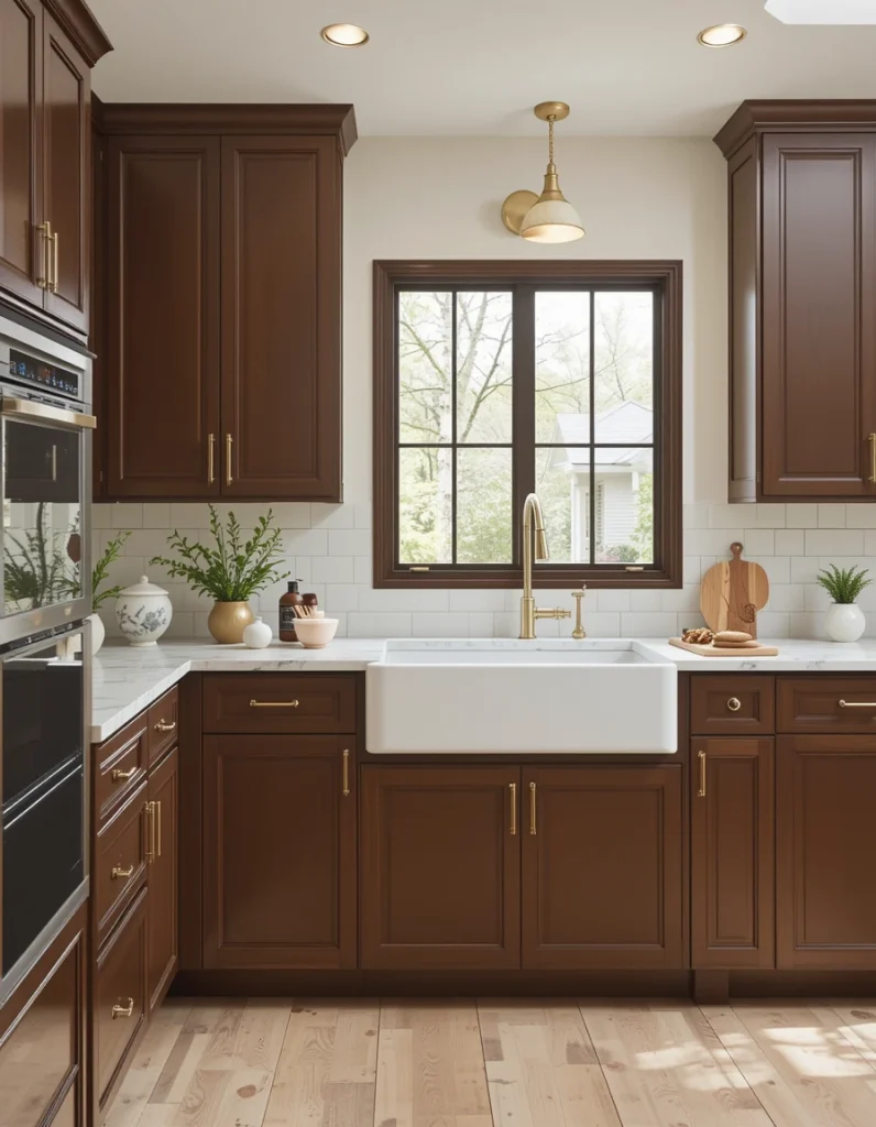 For a warm, cozy kitchen, cocoa brown cabinets offer a rich, chocolatey tone that feels both classic and modern. This color pairs beautifully with cream-colored walls, light wood floors, and brass accents, creating a space that feels inviting yet refined. It’s perfect for rustic, transitional, or mid-century modern kitchens.