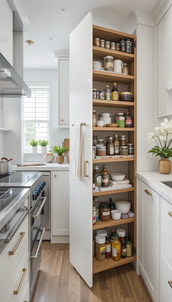 A narrow pull-out pantry can be a lifesaver in a tiny kitchen. It maximizes storage in tight spots and keeps ingredients easily accessible.