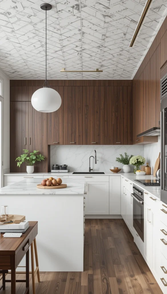 Ceilings are often overlooked, but a beautiful pattern or wood-clad finish can add character without taking up any actual space.