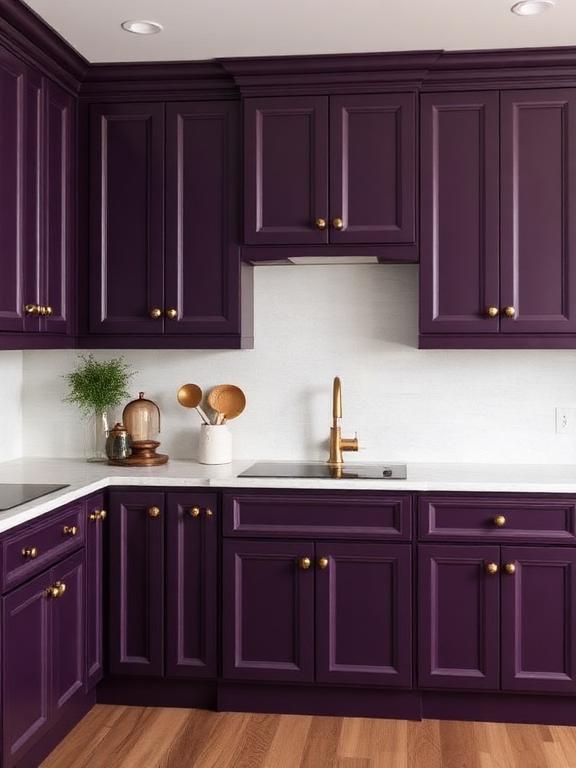 Deep aubergine (eggplant) is an unexpected but ultra-luxurious cabinet color. This dark purple with brown undertones acts as a neutral while adding a rich, cozy vibe to the kitchen. It pairs beautifully with gold accents, creamy white backsplashes, and walnut wood finishes. If you want something bold but elegant, this shade is a perfect choice.
