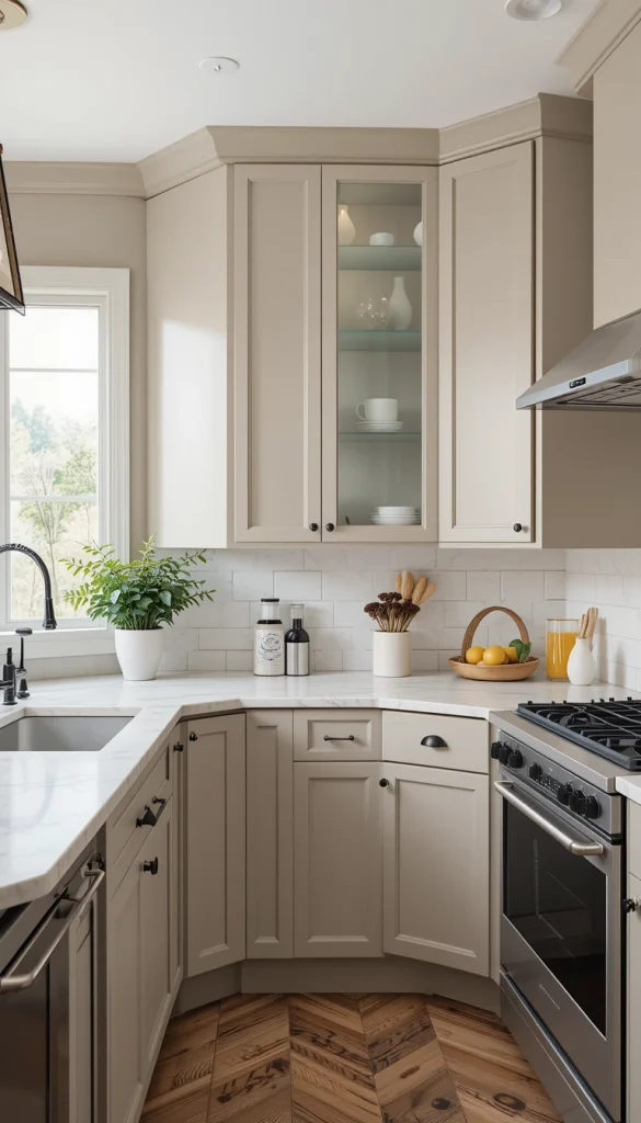 Greige is a favorite among interior designers because it offers the best of both worlds: the warmth of beige and the cool elegance of gray. This modern neutral works well in any kitchen style, from contemporary to farmhouse. The key is choosing a greige tone with the right undertones—cooler for a sleek, modern look and warmer for a cozy, inviting feel. Greige cabinets pair well with white marble countertops, black hardware, and natural wood accents.