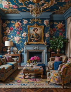 Forget neutral walls—maximalist living rooms thrive on bold, dramatic wallpaper. Large-scale florals, geometric patterns, and baroque-inspired designs create a rich visual impact and serve as the foundation of your decor. You can go for deep jewel tones for a moody, opulent feel or choose a vibrant, multicolored design to energize the space. If covering all four walls feels too overwhelming, try an accent wall to introduce pattern while still maintaining a sense of cohesion.