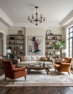 A maximalist living room doesn’t stick to one style—it embraces contrast. Combine vintage and modern furniture, mixing sleek mid-century sofas with ornate, carved coffee tables or plush velvet armchairs with industrial-style shelving. The secret to making this mix work is to find a connecting element, whether it’s a repeating color, a unifying fabric, or a shared design motif. This layered approach keeps the space looking intentional rather than chaotic.
