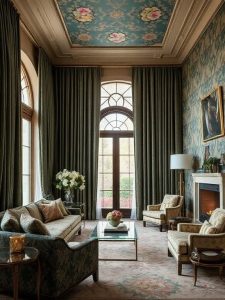 Maximalist living room ideas) Forget plain curtains—maximalist living rooms call for rich, luxurious drapery. Think velvet, brocade, or heavy embroidered fabrics in jewel tones or bold patterns. Floor-to-ceiling curtains not only add drama but also create a sense of height, making the room feel grander. If you love patterns, don’t hesitate to choose floral or geometric prints that complement your wallpaper or upholstery.