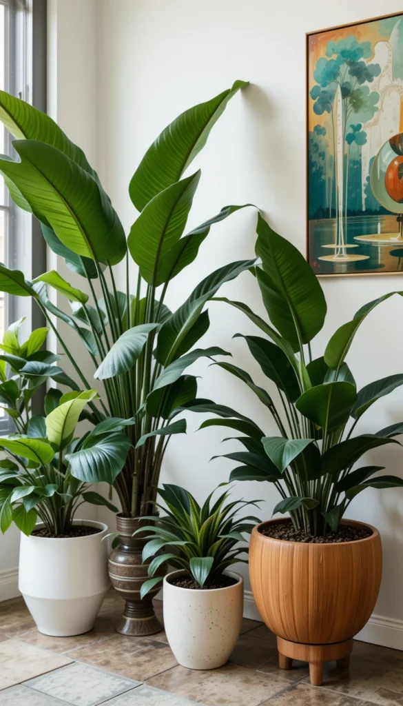 Nothing brings midcentury interiors to life like lush greenery. Opt for plants like fiddle-leaf figs, snake plants, or rubber trees in stylish ceramic or wooden planters.