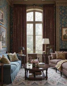 Forget plain curtains—maximalist living rooms call for rich, luxurious drapery. Think velvet, brocade, or heavy embroidered fabrics in jewel tones or bold patterns. Floor-to-ceiling curtains not only add drama but also create a sense of height, making the room feel grander. If you love patterns, don’t hesitate to choose floral or geometric prints that complement your wallpaper or upholstery.