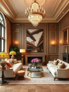 Lighting plays a huge role in setting the tone for a maximalist living room. A grand chandelier, an oversized floor lamp, or sculptural pendant lights can act as statement pieces that tie the room together. Look for unique designs—crystal chandeliers for old-world glamour, oversized industrial-style pendants for contrast, or colorful Tiffany-style stained glass lamps for vintage charm. Layer different light sources to create a warm, inviting atmosphere.