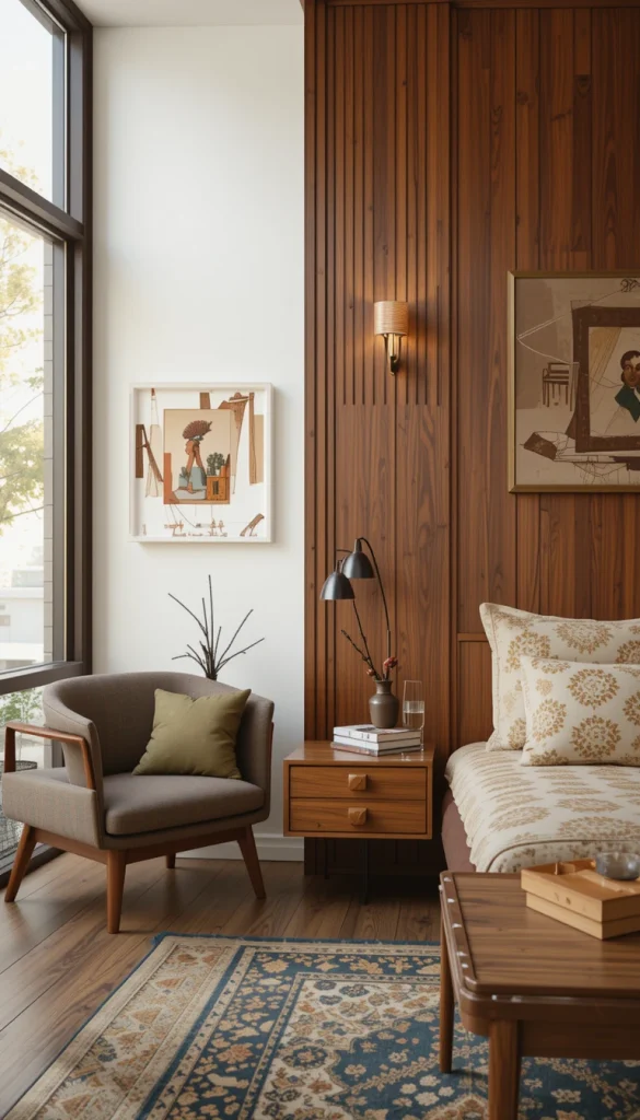 Rich woods like teak, walnut, and rosewood are staples of midcentury design. Look for furniture, paneling, or even decor accents in these warm hues to add an authentic touch.
