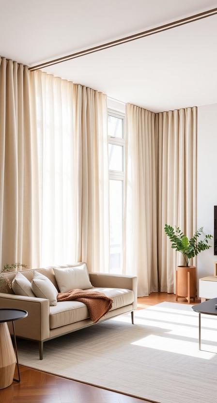 Even in a minimalist space, window treatments play a crucial role in creating a finished look. Floor-to-ceiling curtains in a neutral tone add elegance while maintaining the simplicity of the space. Opt for lightweight, sheer fabrics to let in natural light, or go for linen curtains for a soft, organic feel. The continuous fabric creates a sense of height and openness, making the room feel more expansive.