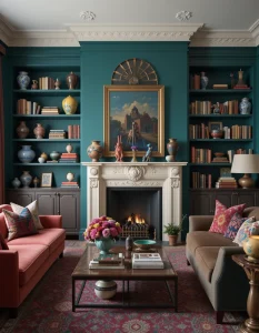 A stylish living room featuring a decorative fireplace, shelves filled with porcelain vases, artwork, and vintage books, complemented by a cozy sofa.leans on neutrals, maximalism embraces vibrant, saturated colors. Jewel tones like sapphire blue, emerald green, and deep red create a sense of drama, while unexpected color pairings—like mustard yellow with magenta or turquoise with burnt orange—add playful energy. Don’t be afraid to use multiple bold hues in the same space; the trick is to balance them with neutral grounding elements, like dark wood furniture or metallic accents.