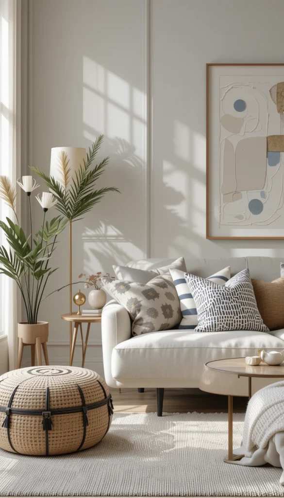 While patterns can add personality, too many can disrupt the minimalist aesthetic. Stick to simple, subtle patterns like soft stripes, organic shapes, or tone-on-tone textures rather than bold prints. If you love patterns, incorporate them in small doses—like a single patterned cushion or a textured rug. This way, the room maintains its calm, uncluttered look while still having visual interest.