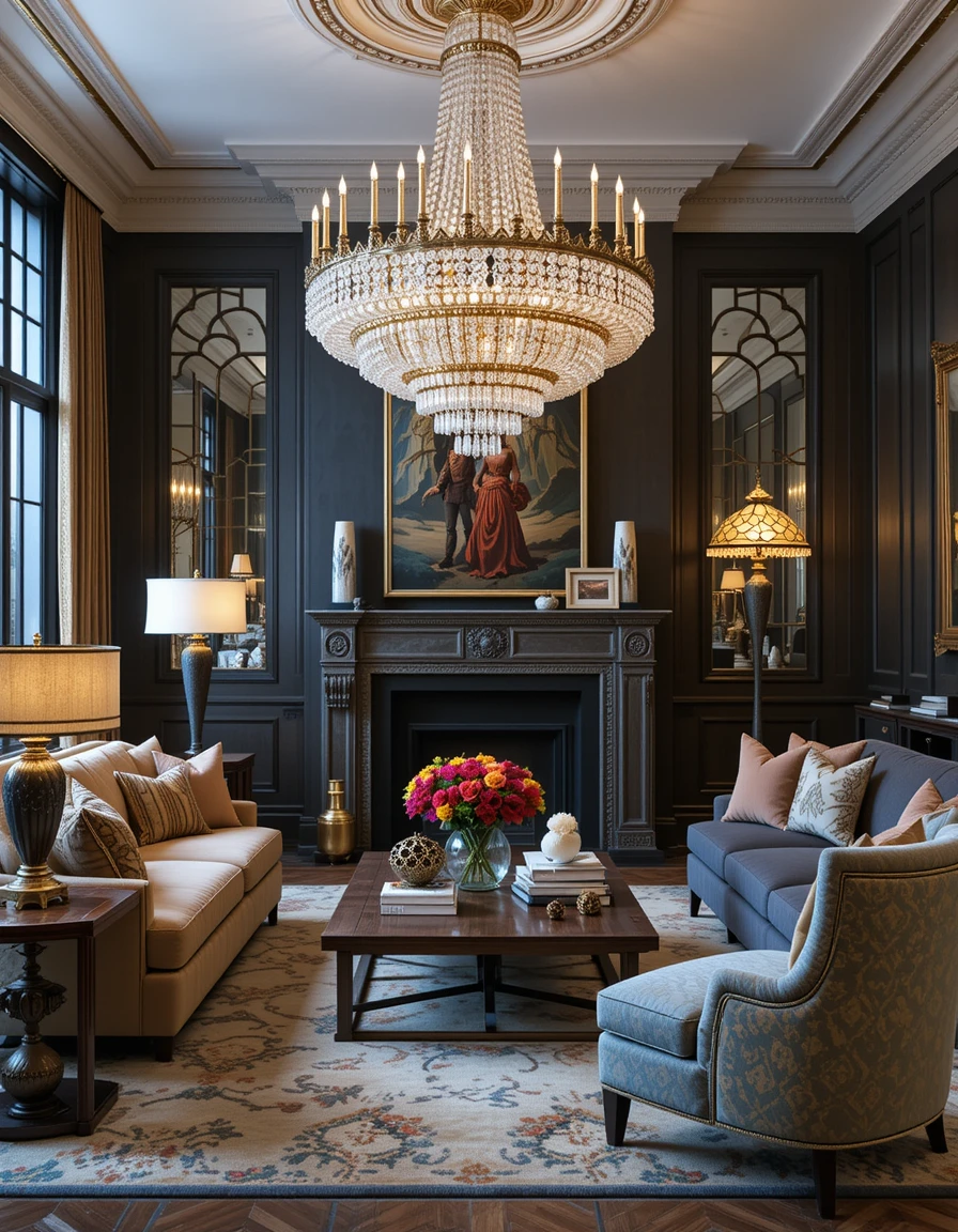 Lighting plays a huge role in setting the tone for a maximalist living room. A grand chandelier, an oversized floor lamp, or sculptural pendant lights can act as statement pieces that tie the room together. Look for unique designs—crystal chandeliers for old-world glamour, oversized industrial-style pendants for contrast, or colorful Tiffany-style stained glass lamps for vintage charm. Layer different light sources to create a warm, inviting atmosphere.