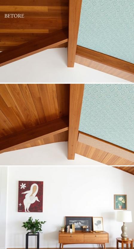 Midcentury homes often featured ceilings with exposed wood beams or even painted, textured surfaces. Adding wood paneling, geometric wallpaper, or a pop of color to the ceiling can instantly elevate your space.
