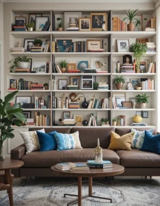 Bookshelves in a maximalist living room should never be purely functional—they should be filled with personality. Combine books with decorative objects, framed photos, plants, and collectibles to create a visually exciting display. Don’t be afraid to stack books horizontally and vertically, mixing in colorful spines for added impact. The goal is to make your shelves feel like a curated reflection of your interests and passions.