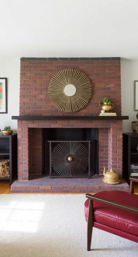 Midcentury fireplaces often featured striking, asymmetrical designs or floor-to-ceiling brick or stone elements. If you can’t renovate, a starburst-style metal fireplace screen can add a similar flair.