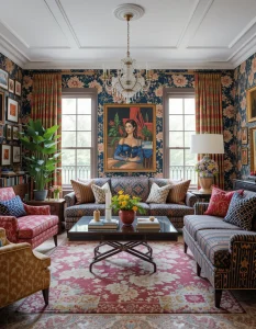 Maximalism is all about pattern play—florals, stripes, damask, animal prints, and geometric designs all have a place here. The secret to mixing patterns without overwhelming the space is to vary the scale: pair large-scale prints with smaller, more intricate patterns to create contrast. For example, a boldly patterned sofa can be balanced with throw pillows in smaller, complementary prints. Don’t be afraid to experiment—maximalism is all about fearless decorating.